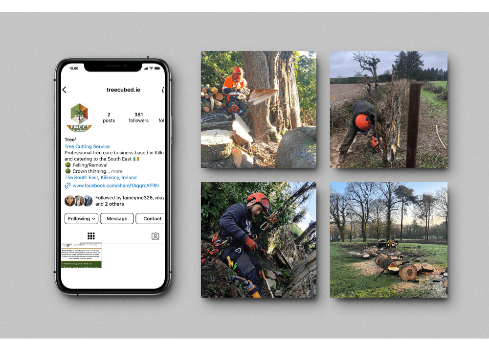 4 image blocks with snapshots of posts on instagram, along with a mobile phone displaying the instagram web page